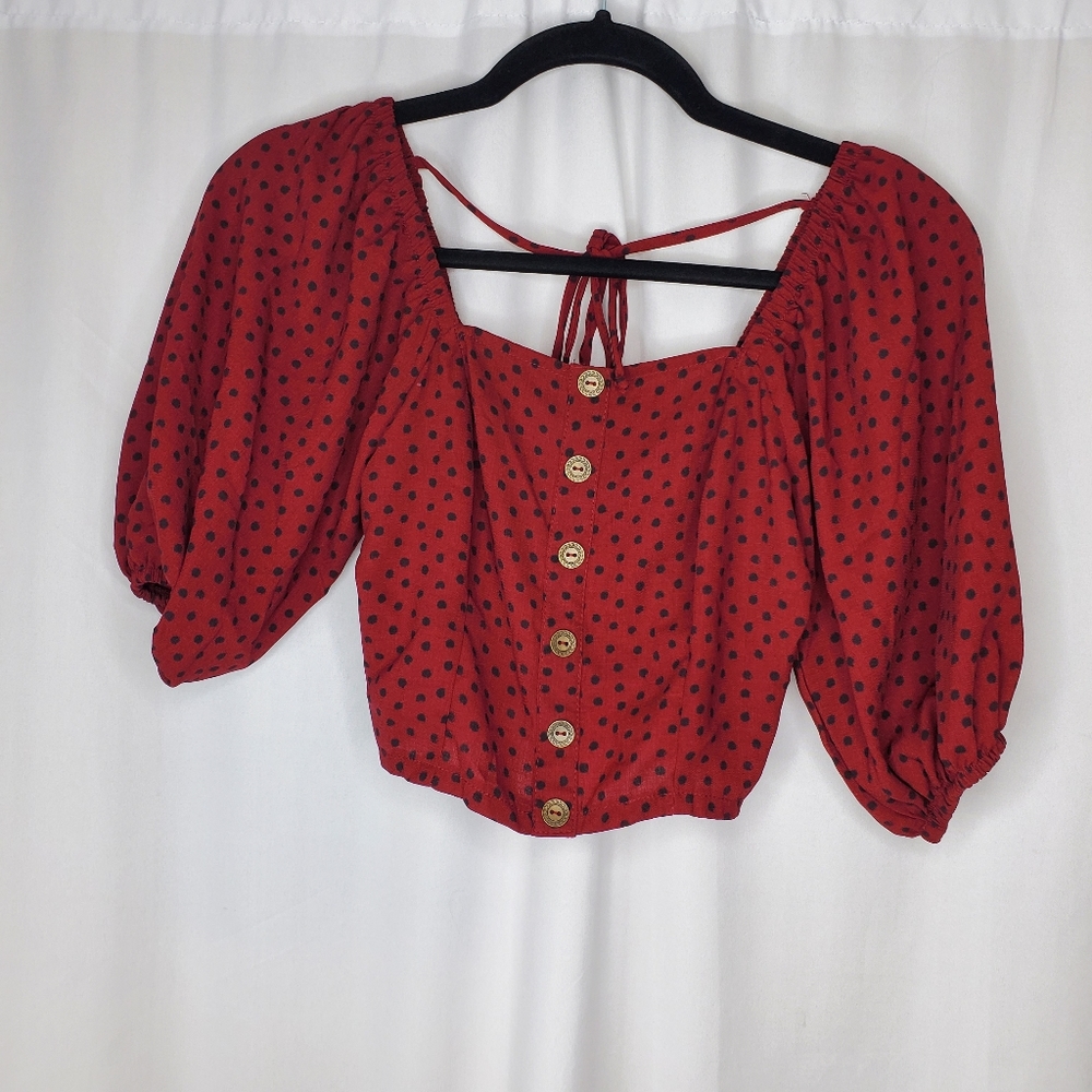 ♡ Xhilaration Puff Sleeve Crop Top Red with Black Polka-dot Size XS